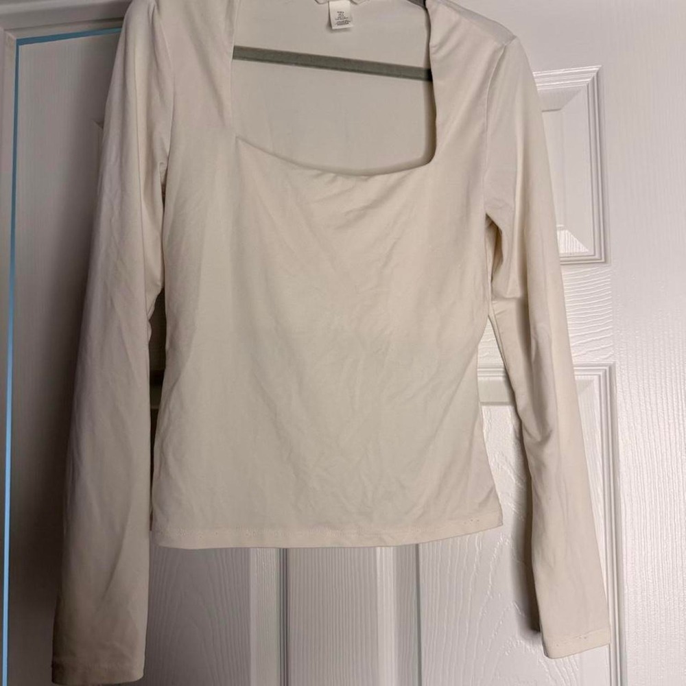 HM Cream White Square Neck Long Sleeve Top Small Slim Fit Jersey Shirt